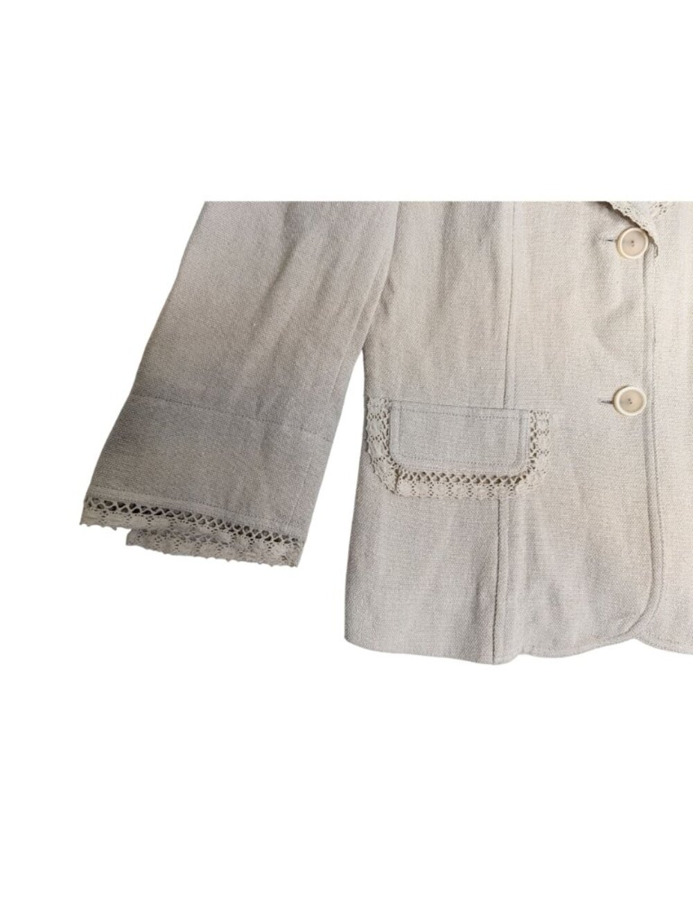 New Beige Linen Cotton Blend Lace Trim Blazer Jacket 3/4 Sleeves Newport News Si - Picture 5 of 13